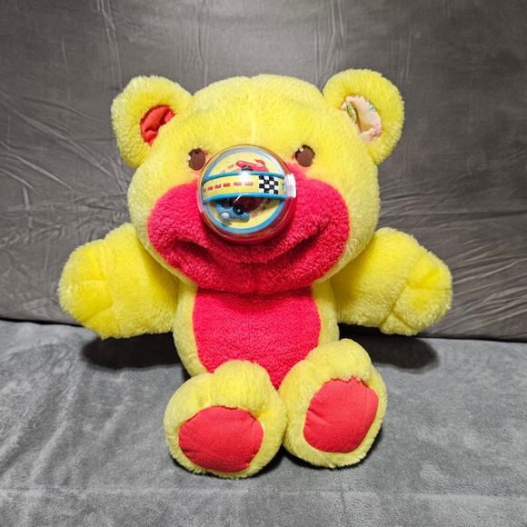 Playskool nosey bear yellow red hotrod race car plush NOSE DOESNT WORK vintage - Picture 1 of 8